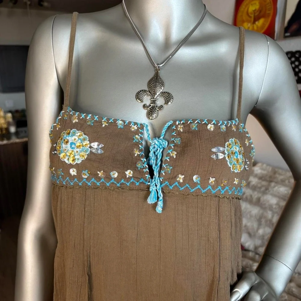 Free People Boho Embroidered Cotton Cami Tank Festival Fairy🧚♀️